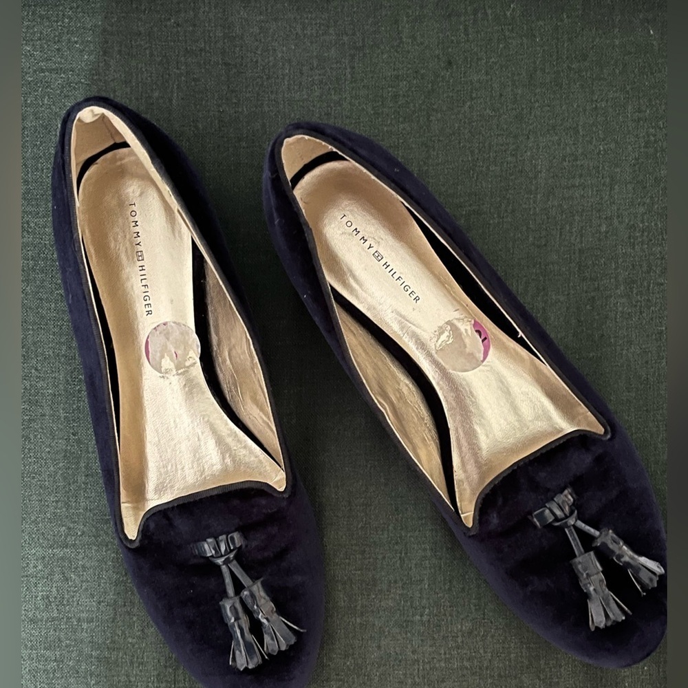 Tommy Hilfiger Navy Velvet Slipper Flats with Tassels
